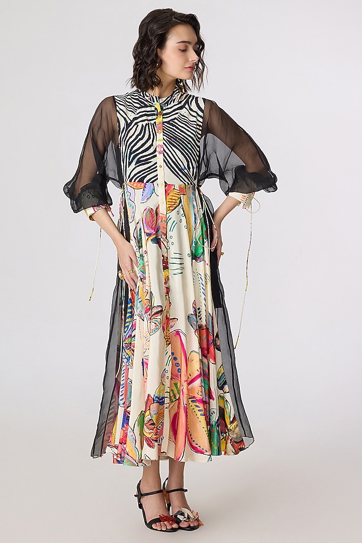 Multi-Colored Chanderi Doodle Printed Midi Vacation Dress by Saaksha & Kinni at Pernia's Pop Up Shop