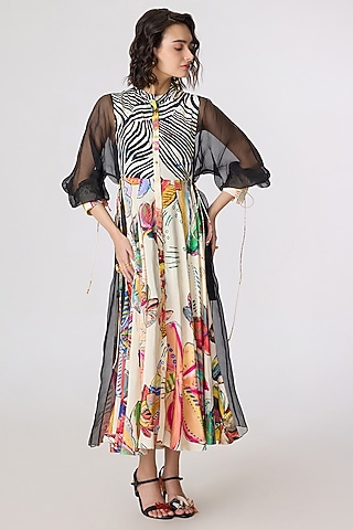 Multi-Colored Chanderi Doodle Printed Midi Dress by Saaksha & Kinni