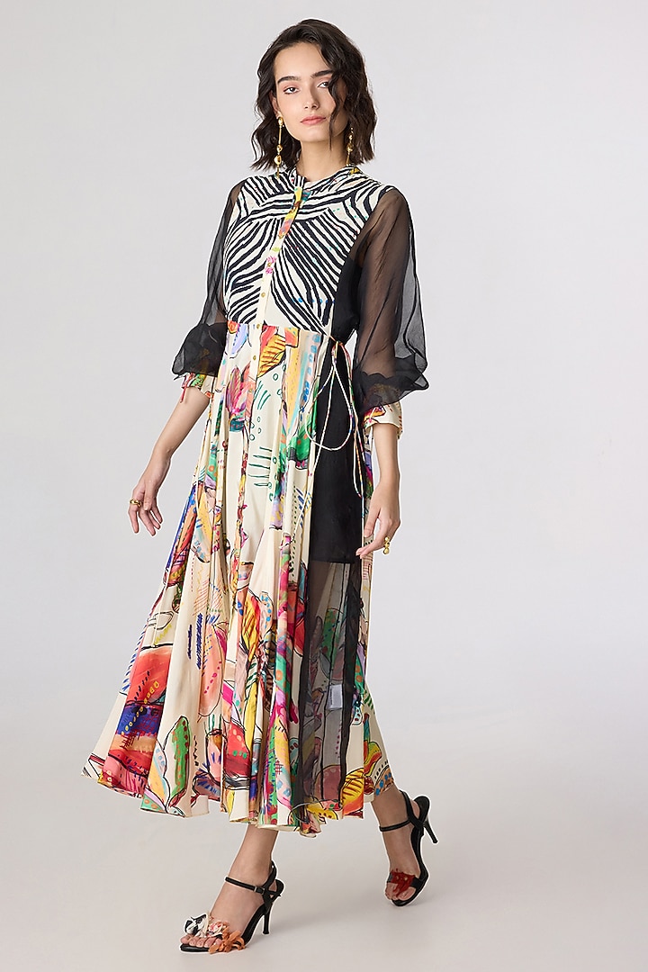 Multi-Colored Chanderi Doodle Printed Midi Vacation Dress by Saaksha & Kinni at Pernia's Pop Up Shop