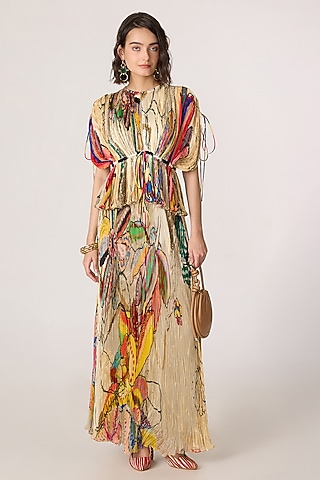 Multi-Colored Poly Florence Chiffon Floral Printed Skirt Set by Saaksha & Kinni