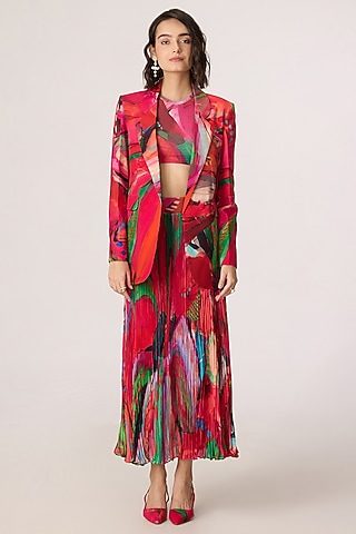 Multi-Colored Poly Florence Chiffon Floral Printed Blazer Set by Saaksha & Kinni