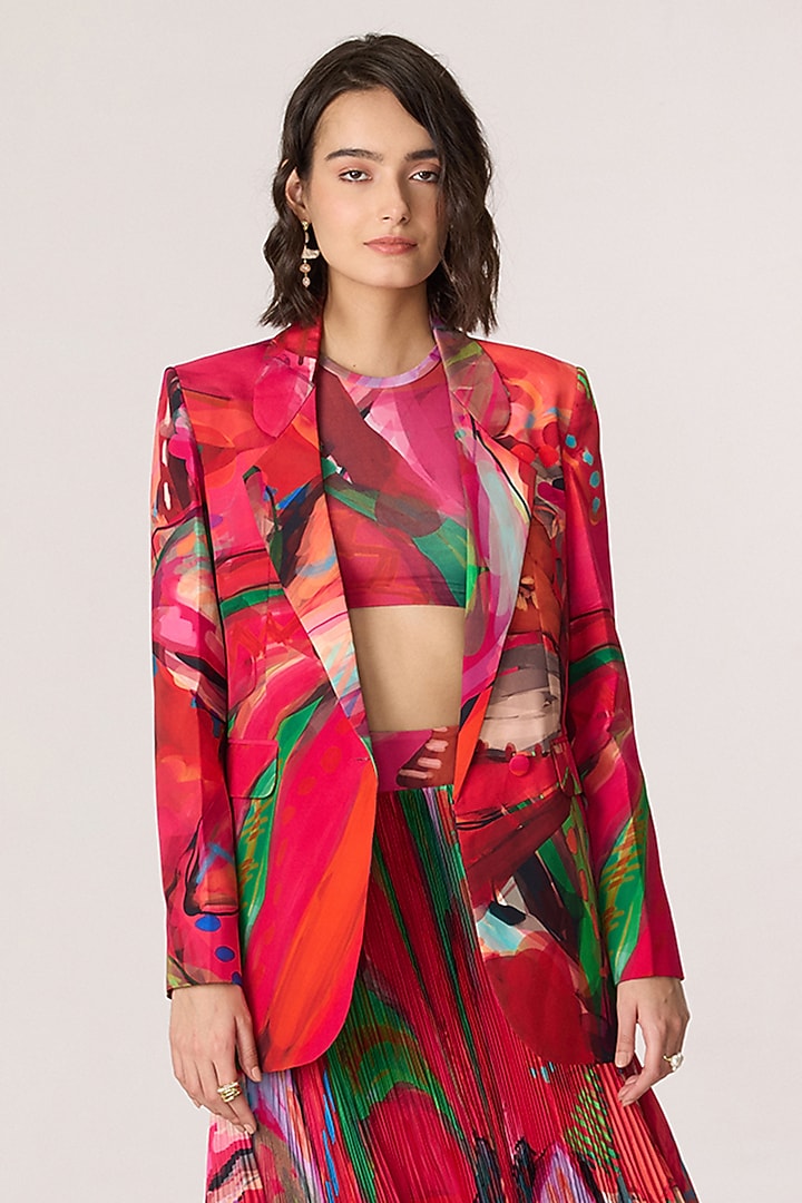 Multi-Colored Poly Florence Chiffon Floral Printed Blazer Set by Saaksha & Kinni at Pernia's Pop Up Shop