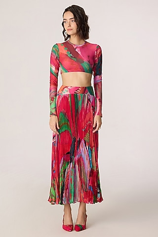 Multi-Colored Poly Florence Chiffon Floral Printed Skirt Set by Saaksha & Kinni