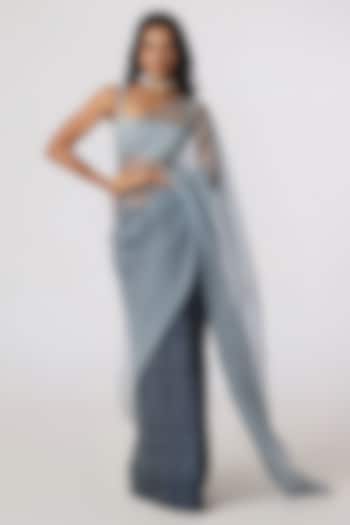 Grey Silk Organza Striped Pre-Draped Wedding Saree Set by Saaksha & Kinni at Pernia's Pop Up Shop