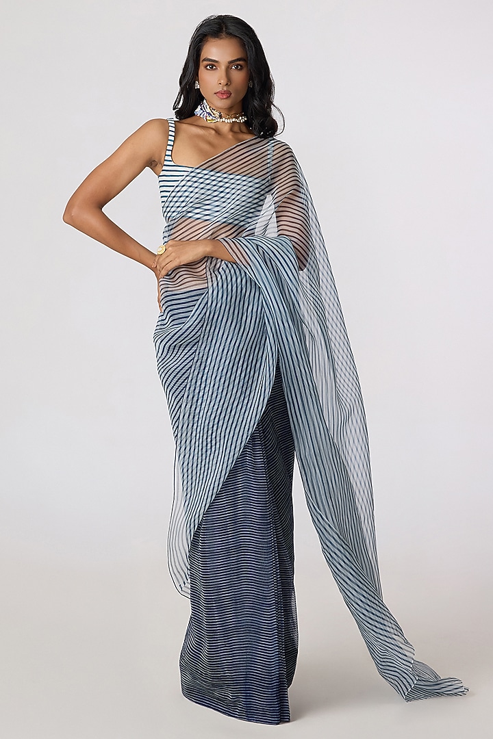 Grey Silk Organza Striped Pre-Draped Wedding Saree Set by Saaksha & Kinni at Pernia's Pop Up Shop
