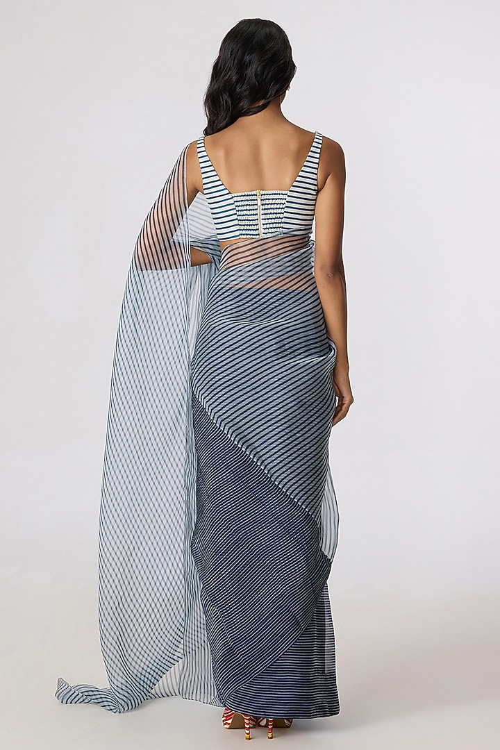 Grey Silk Organza Striped Pre-Draped Wedding Saree Set by Saaksha & Kinni at Pernia's Pop Up Shop