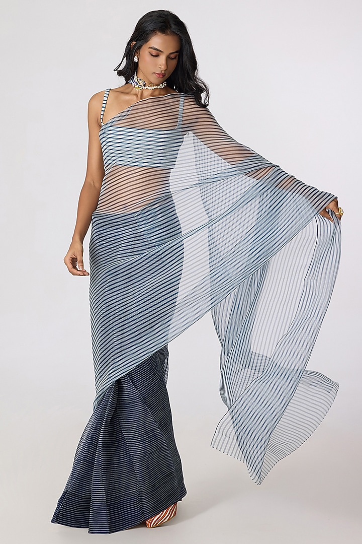 Grey Silk Organza Striped Pre-Draped Wedding Saree Set by Saaksha & Kinni at Pernia's Pop Up Shop