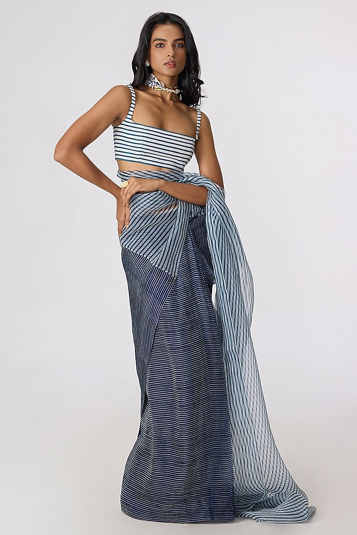 Grey Silk Organza Striped Pre-Draped Wedding Saree Set by Saaksha & Kinni at Pernia's Pop Up Shop