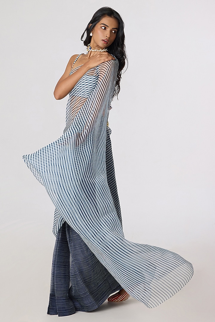 Grey Silk Organza Striped Pre-Draped Wedding Saree Set by Saaksha & Kinni at Pernia's Pop Up Shop