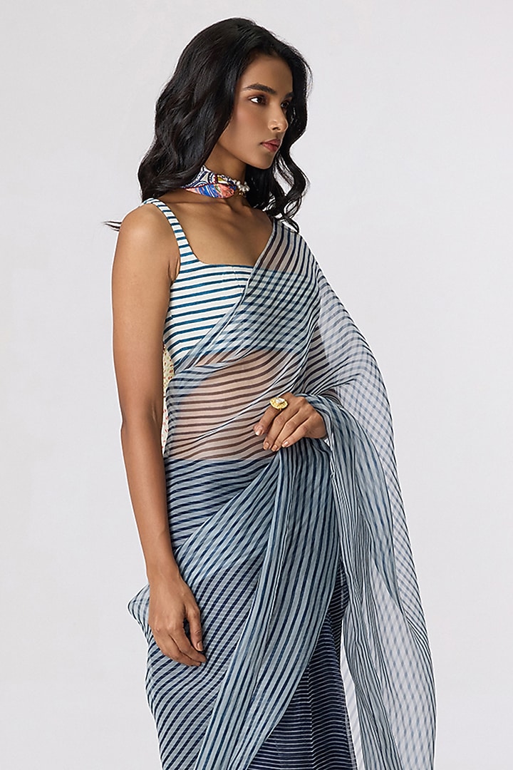 Grey Silk Organza Striped Pre-Draped Wedding Saree Set by Saaksha & Kinni at Pernia's Pop Up Shop