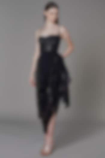 Olive Black Striped Asymmetrical Maxi Dress by Saaksha & Kinni