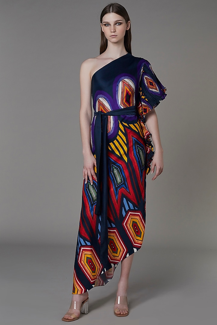 Multi-Colored Printed One-Shoulder Dress by Saaksha & Kinni