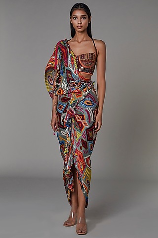 Multi-Colored Printed Saree Dress With Bustier by Saaksha & Kinni