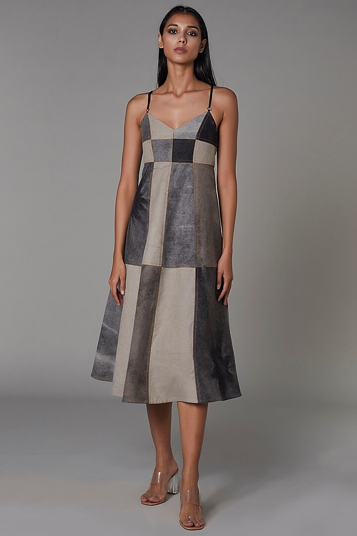 Grey Denim Patchwork Dress by Saaksha & Kinni