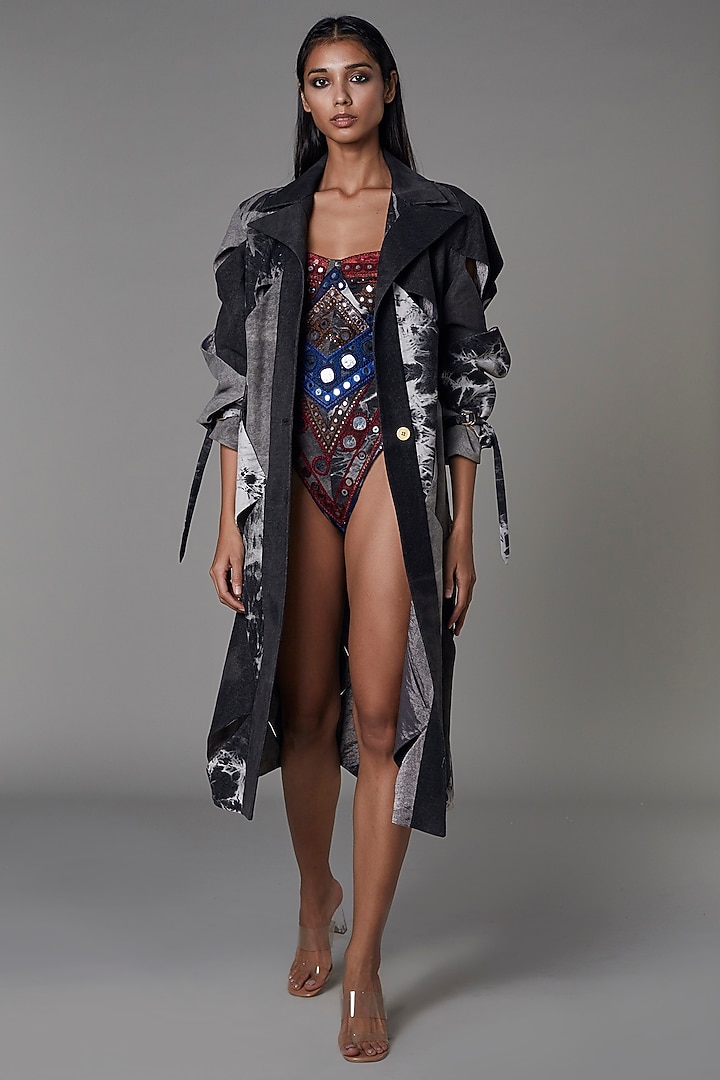 Grey Patchwork Jacket Set by Saaksha & Kinni at Pernia's Pop Up Shop