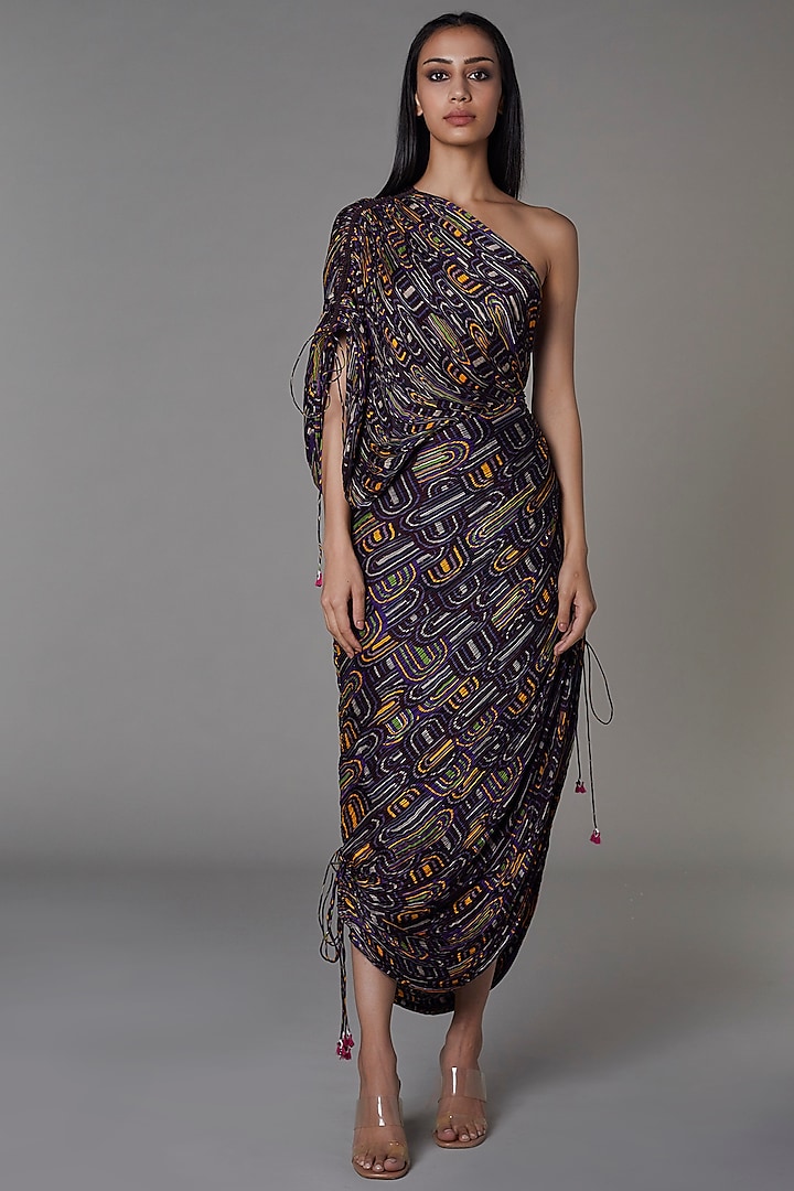 Purple Printed Saree Dress by Saaksha & Kinni
