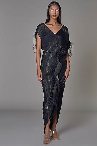 Black & Green Printed Ruffled Saree Dress by Saaksha & Kinni
