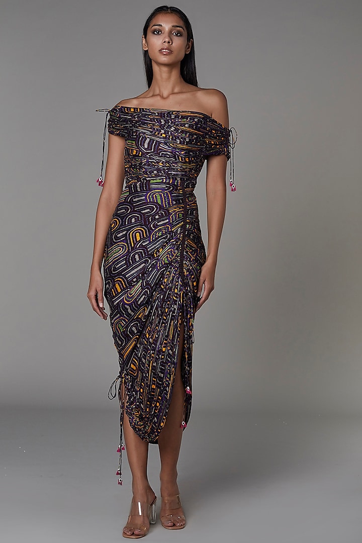 Dark Purple Printed Off-Shoulder Saree Dress by Saaksha & Kinni