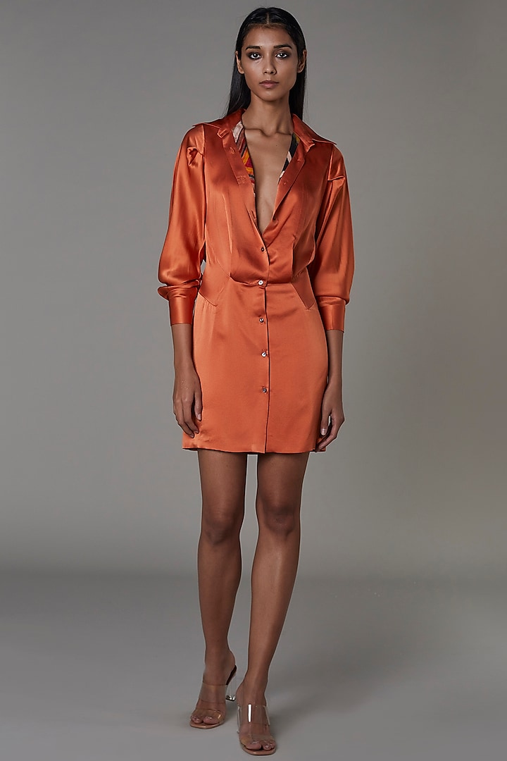 Rust Orange Printed Shirt Dress by Saaksha & Kinni