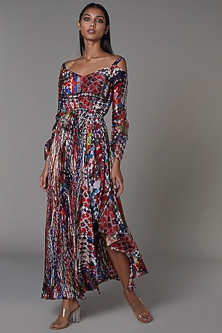 Multi-Colored Cotton Silk Abstract Printed Asymmetrical Dress by Saaksha & Kinni