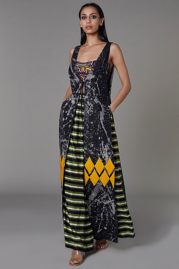 Grey & Yellow Printed Gilet Jacket Set by Saaksha & Kinni at Pernia's Pop Up Shop