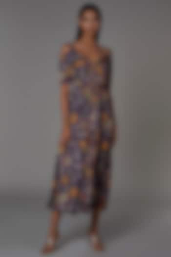 Dark Purple Satin Printed Dress by Saaksha & Kinni at Pernia's Pop Up Shop