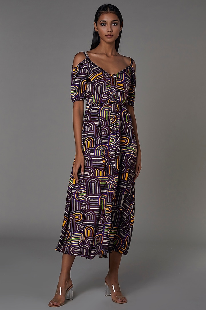Dark Purple Printed Summer Dress by Saaksha & Kinni