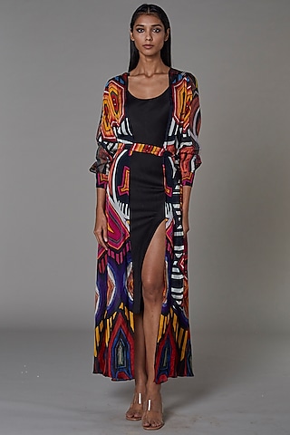 Multi-Colored Chiffon Abstract Printed Cape With Black Dress by Saaksha & Kinni