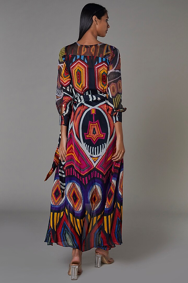Multi-Colored Chiffon Abstract Printed Cape With Black Vacation Dress by Saaksha & Kinni at Pernia's Pop Up Shop