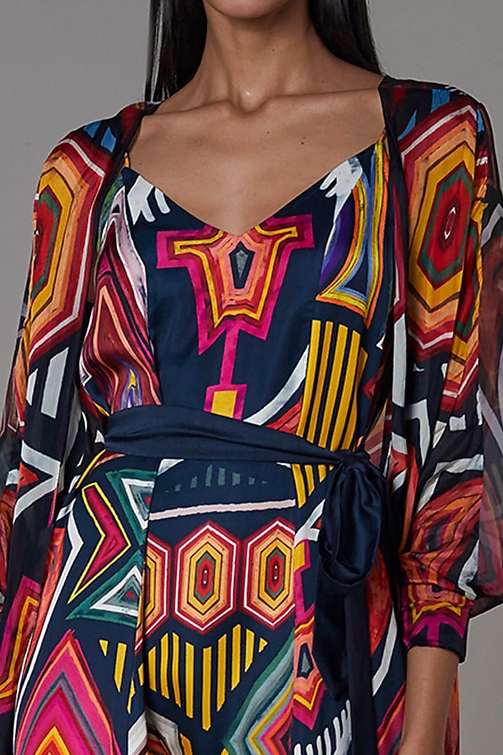 Multi-Colored Chiffon Abstract Printed Cape With Black Vacation Dress by Saaksha & Kinni at Pernia's Pop Up Shop