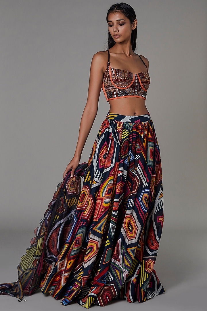 Multi-Colored Abstract Printed Lehenga Set by Saaksha & Kinni