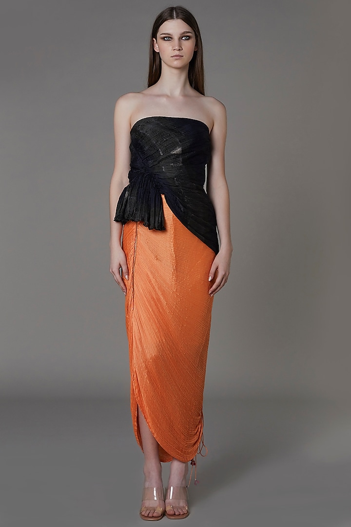 Orange Cotton Silk Wrapped Skirt Set by Saaksha & Kinni