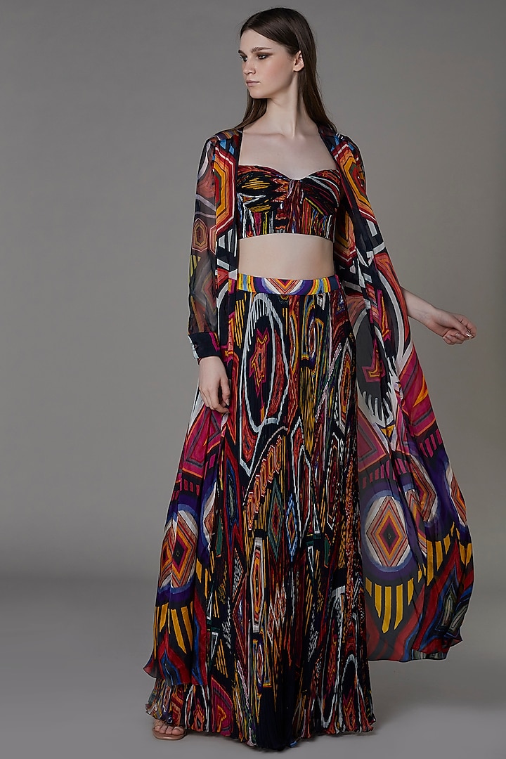 Multi-Colored Printed Skirt Set With Cape by Saaksha & Kinni