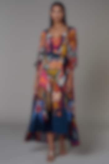 Multi-Colored Abstract Printed Cape Dress by Saaksha & Kinni