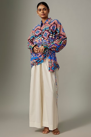 Blue Cambric Ikat Printed Shirt by Saaksha & Kinni