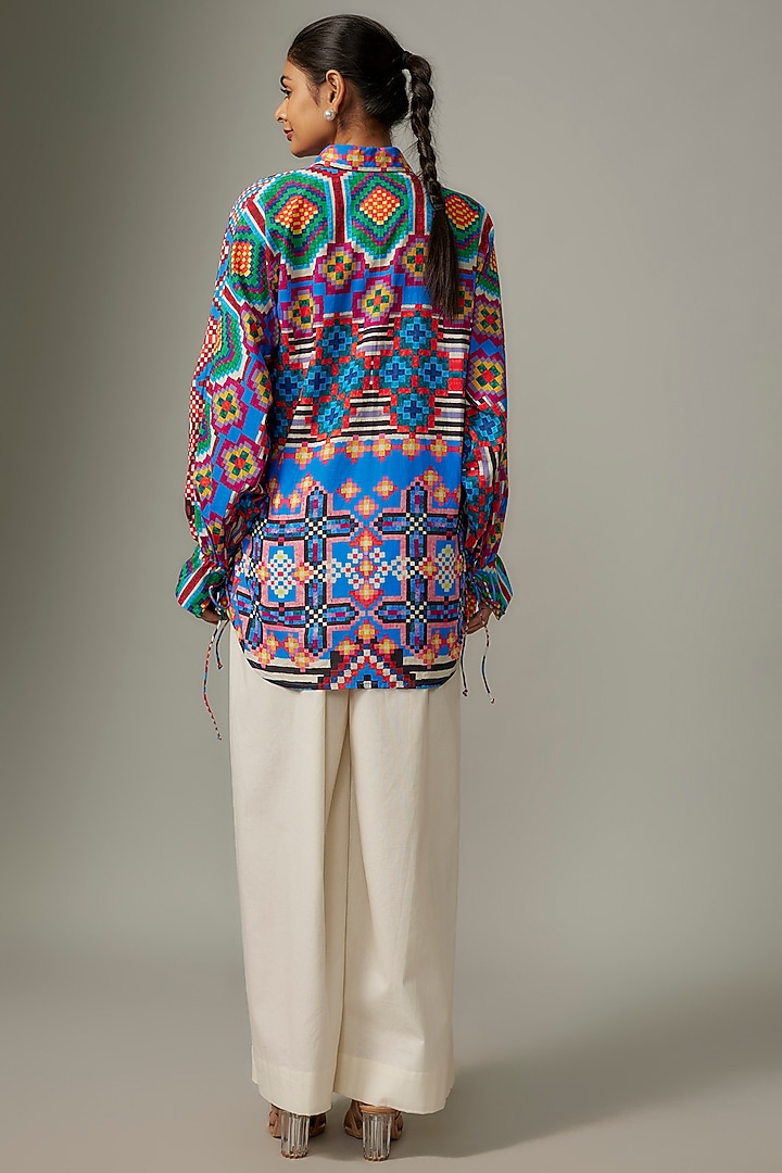 Blue Cambric Ikat Printed Shirt by Saaksha & Kinni at Pernia's Pop Up Shop