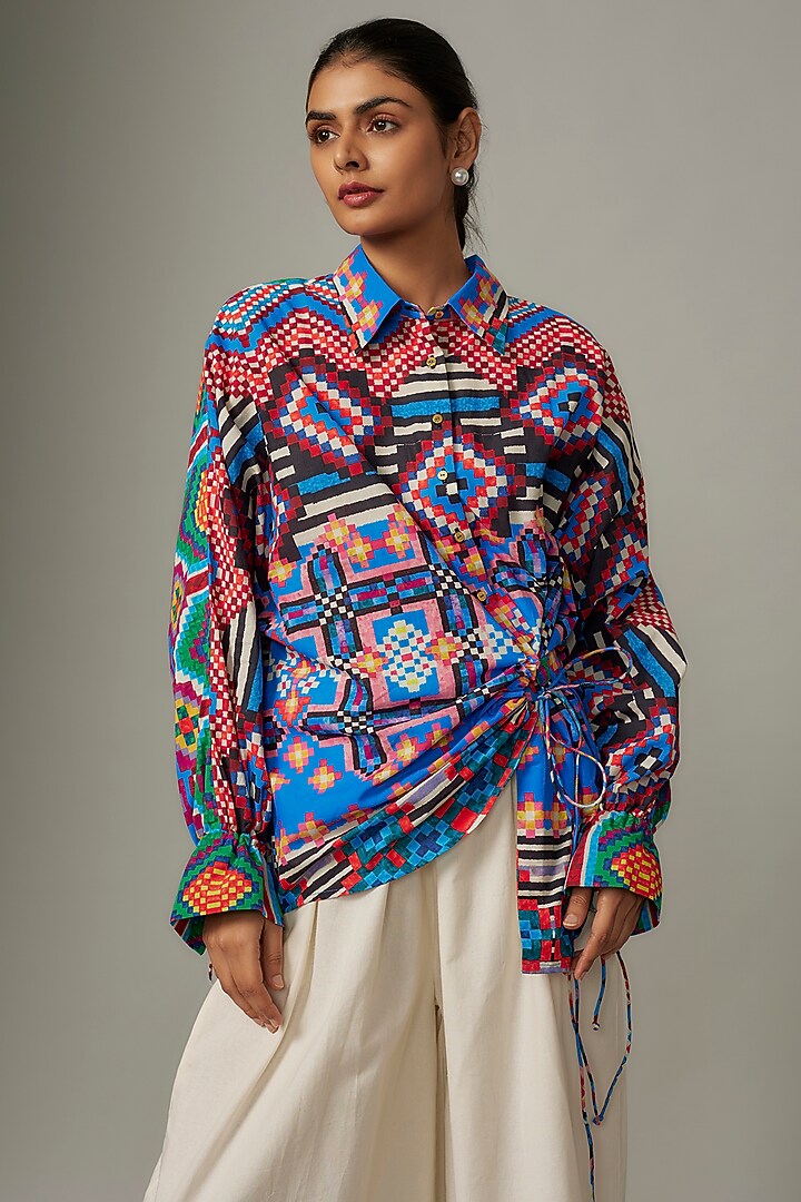 Blue Cambric Ikat Printed Shirt by Saaksha & Kinni at Pernia's Pop Up Shop