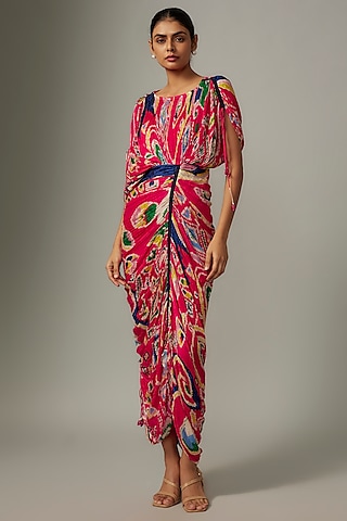 Pink Cotton Silk Paisley Printed Hand Micro Pleated Dress by Saaksha & Kinni