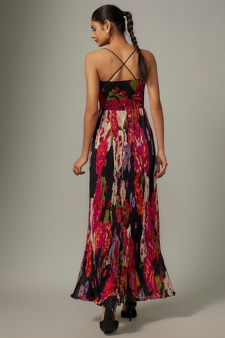 Black Chiffon Abstract Floral Printed Hand Micro Pleated Vacation Dress by Saaksha & Kinni at Pernia's Pop Up Shop