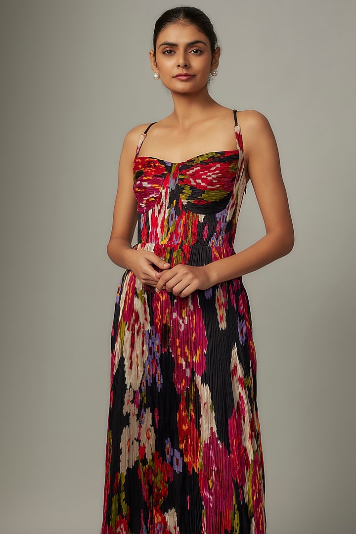 Black Chiffon Abstract Floral Printed Hand Micro Pleated Vacation Dress by Saaksha & Kinni at Pernia's Pop Up Shop