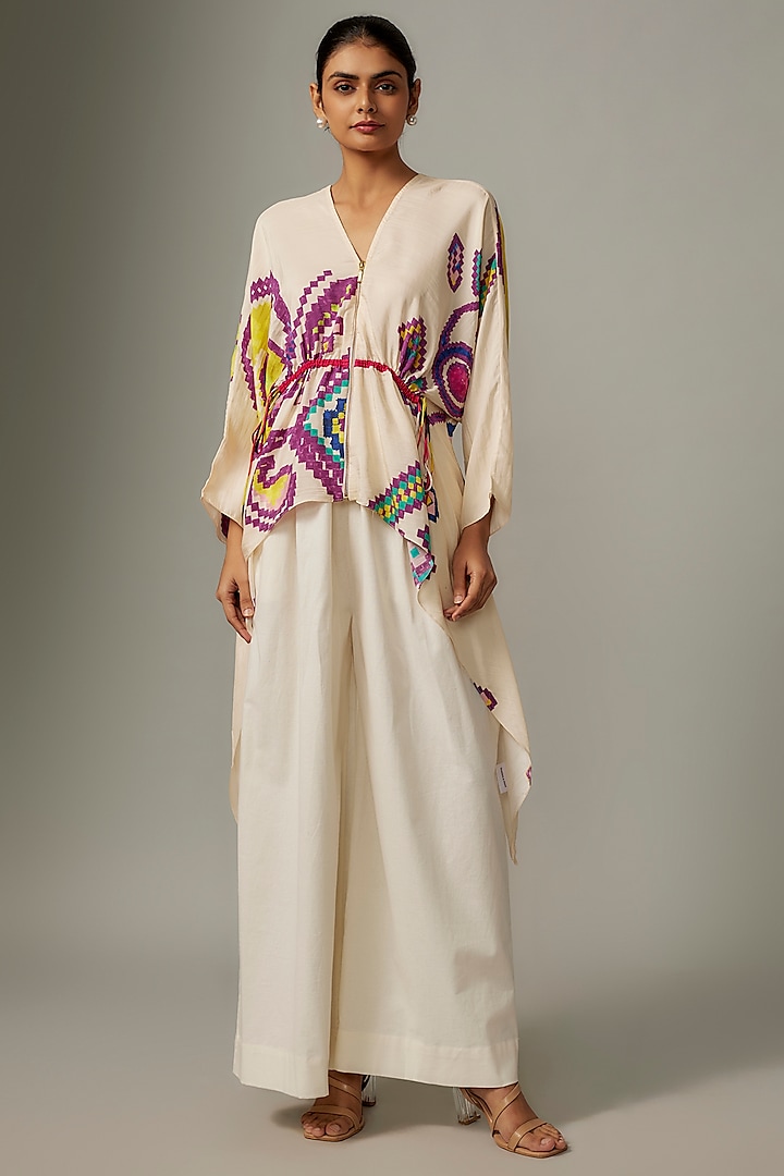 White Pure Silk Paisley Printed Kaftan Top by Saaksha & Kinni at Pernia's Pop Up Shop