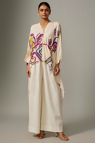 White Pure Silk Paisley Printed Kaftan Top by Saaksha & Kinni