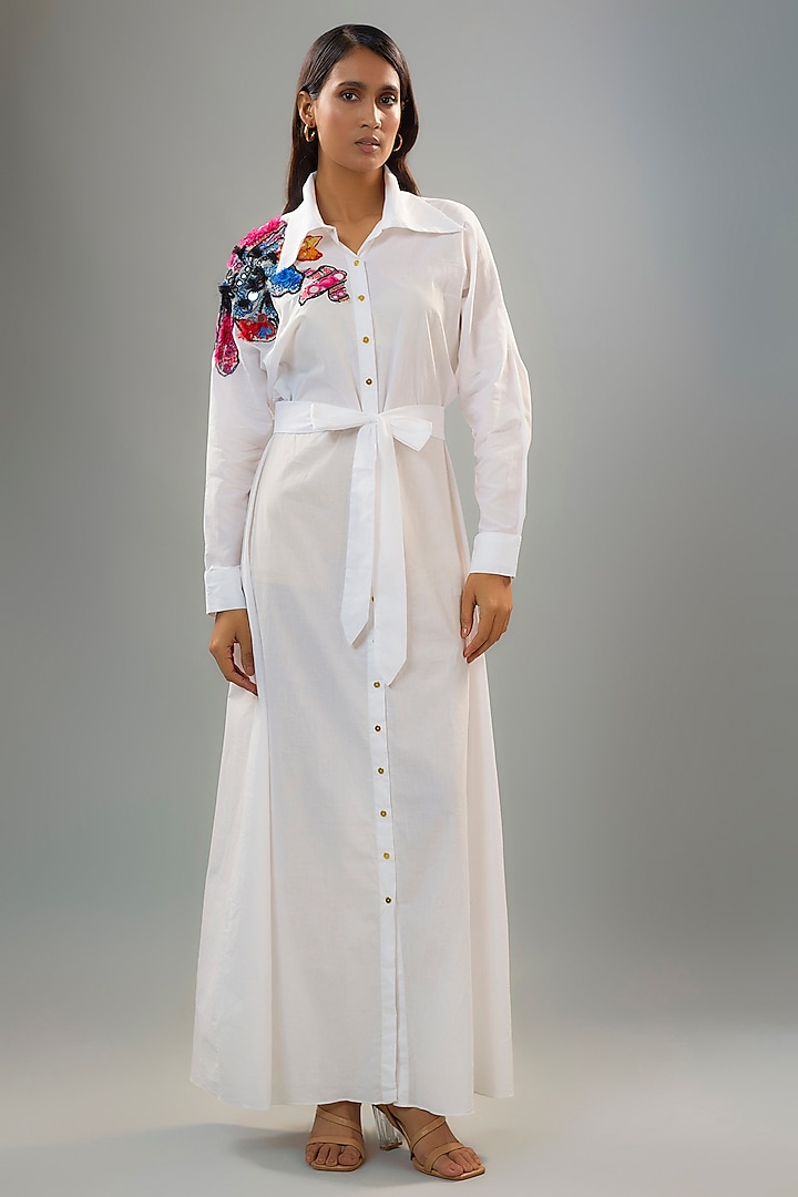 White Cambric Thread & Mirror Hand Embroidered Shirt Dress by Saaksha & Kinni at Pernia's Pop Up Shop