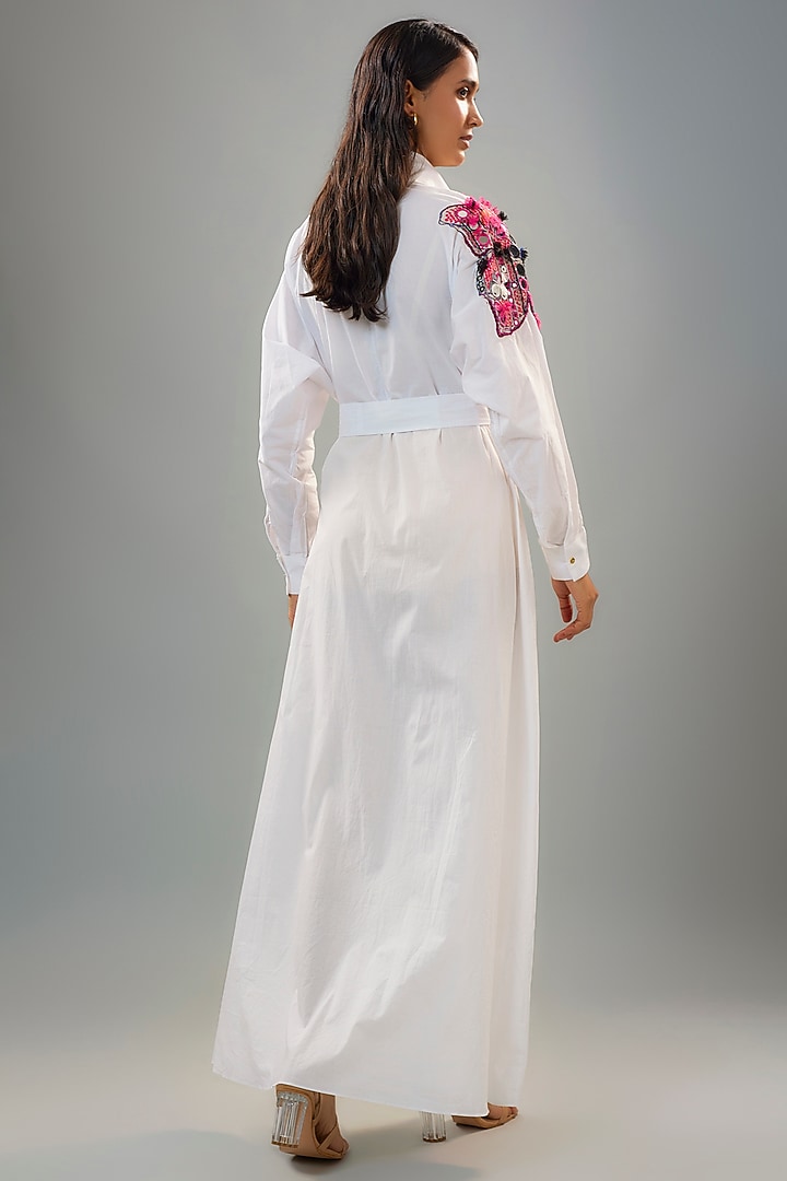 White Cambric Thread & Mirror Hand Embroidered Vacation Shirt Dress by Saaksha & Kinni at Pernia's Pop Up Shop