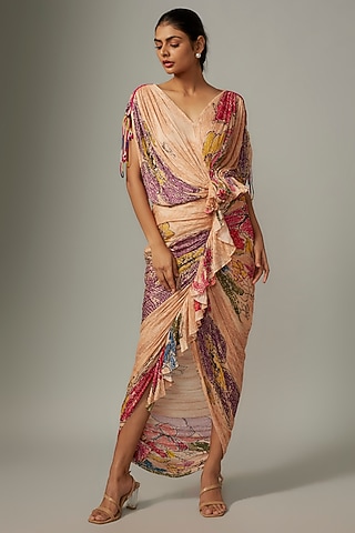 Peach Cotton Silk Bandhani Printed Hand Micro Pleated Dress by Saaksha & Kinni