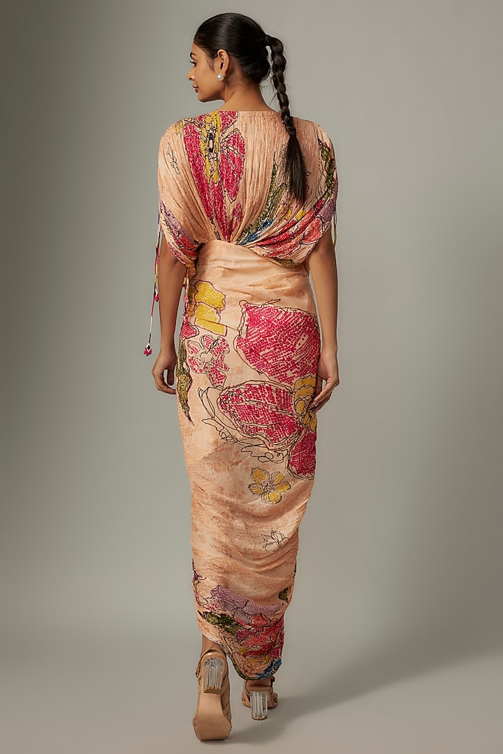 Peach Cotton Silk Bandhani Printed Hand Micro Pleated Vacation Dress by Saaksha & Kinni at Pernia's Pop Up Shop