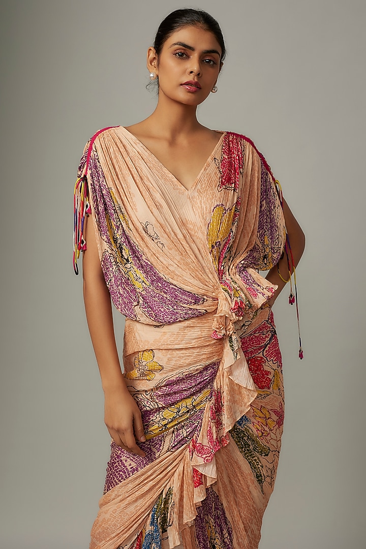 Peach Cotton Silk Bandhani Printed Hand Micro Pleated Vacation Dress by Saaksha & Kinni at Pernia's Pop Up Shop