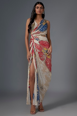 White Cotton Silk Bandhani Printed Dress by Saaksha & Kinni
