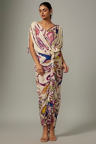 Purple Cotton Silk Paisley Printed Hand Micro Pleated Dress by Saaksha & Kinni