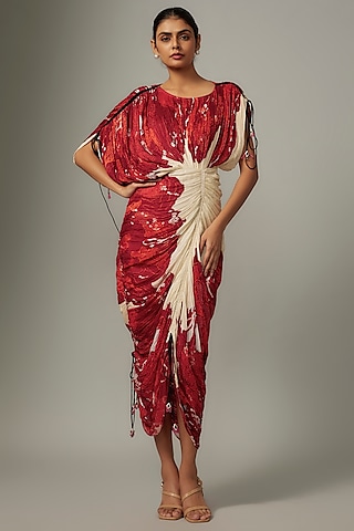Multi-Colored Cotton Silk Bandhani Printed Hand Micro Pleated Dress by Saaksha & Kinni